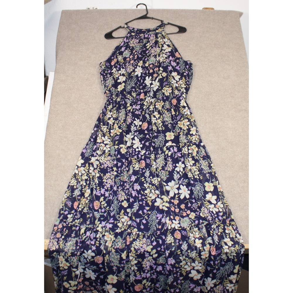 Tahari Arthur S.Levine Navy Floral Halter Maxi Dress Size 10 Chiffon Tiered Gown